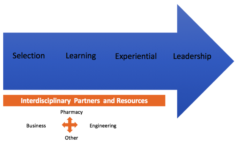 Arrow with LES-Phases (selection, learning, experiential, leadership) and interdisciplinary partners and resources (pharmacy, engineering, business, other)