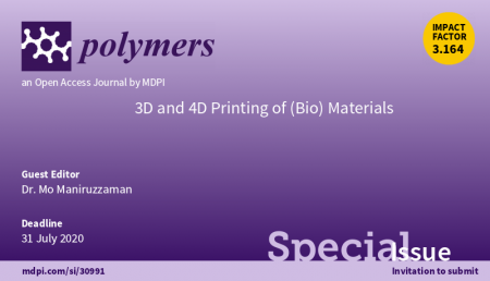 Cover of Polymers (open access journal by MDPI) special issue with Guest Editor Dr. Mo Maniruzzman (impact factor 3.164)