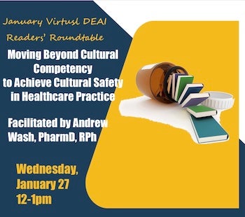 Photo of jar with books tumbling out next to text, "Moving beyond cultural competency to achieve cultural safety in healthcare practice, facilitated by Dr. Andrew Wash"