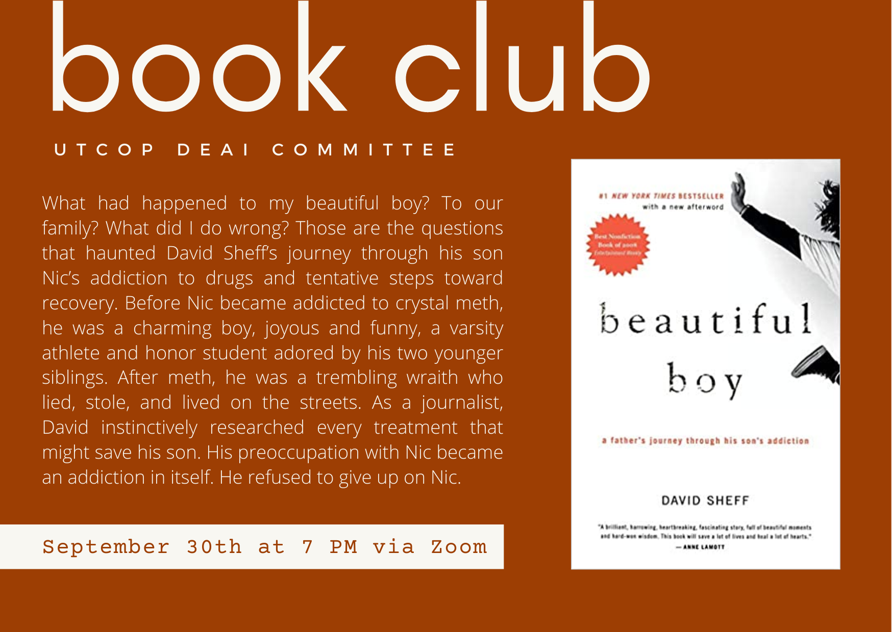 Global Social Club Book Club flyer for September 2021 - Beautiful Boy by David Sheff