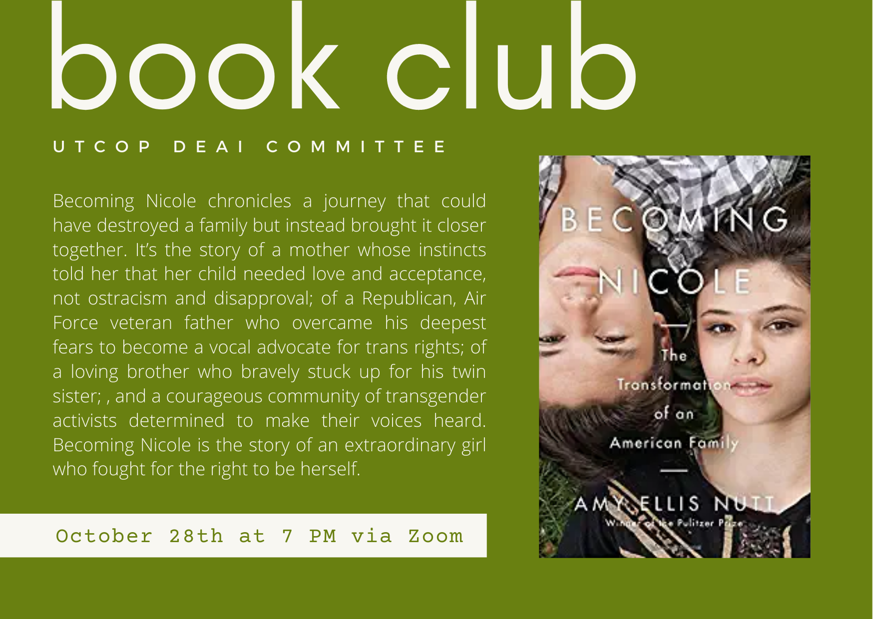 Global Social Club Book Club flyer for October 2021 - Becoming Nicole by Amy Ellis Nutt
