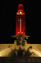 UT tower and fountain at night