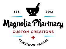 Magnolia Pharmacy logo with mortar and pestle and text, "Magnolia Pharmacy custom creations, hometown values, est. 2002"