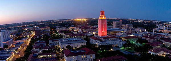 Panoramic photo of UT Tower and Austin campus