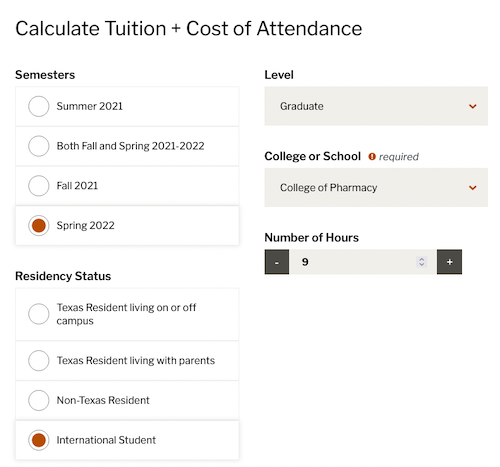 Screenshot of Texas One Stop cost calculator with options to select semester, residency status, level, college/school, and number of hours