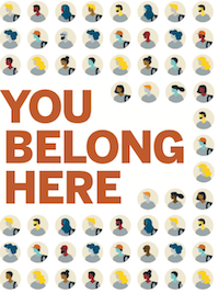 You Belong Here sticker image of burnt orange text that reads, "You Belong Here" surrounded by drawings of multicultural human silhouettes