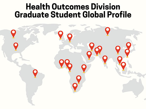 Health Outcomes Division Map - graduate student global profile with map of globe showing red pins in 5 continents