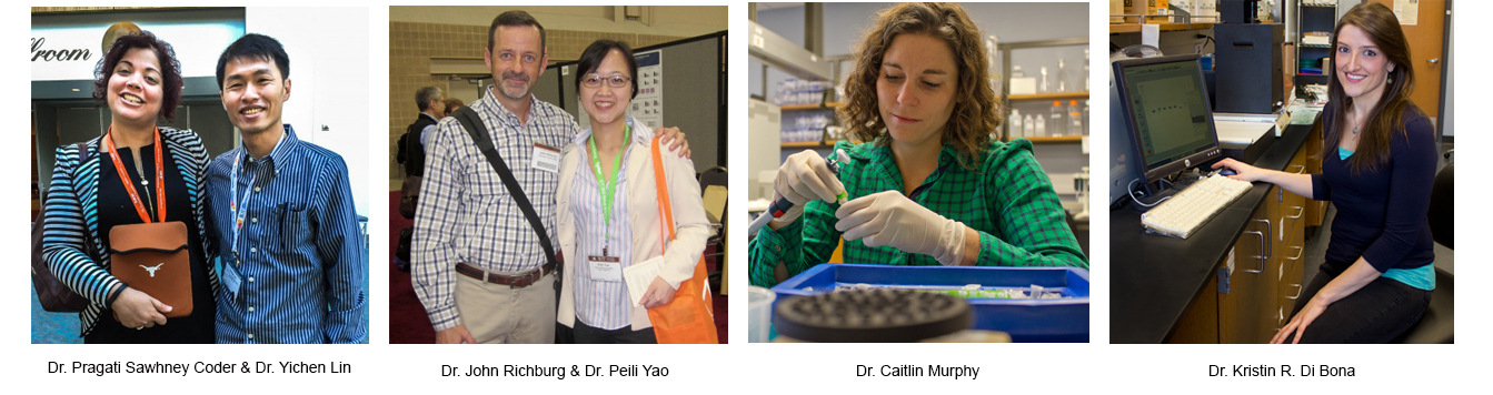 Photo collage of Richburg Lab alumni including Dr. Pragati Sawhney Coder, Dr. Yichen Lin, Dr. Peili Yao, Dr. Caitlin Murphy, and Dr. Kristin R. Di Bona