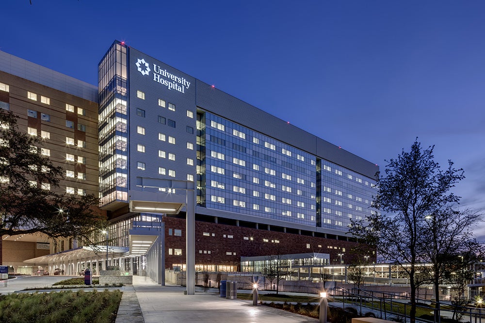 University Hospital building in San Antonio at dusk