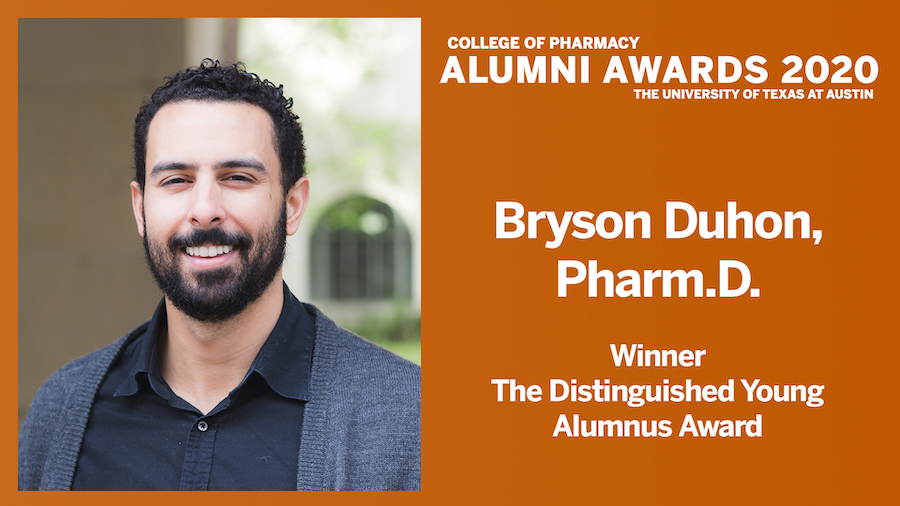 Bryson Duhon, Pharm.D. with text, "College of Pharmacy Alumni Awards 2020, Winner, Distinguished Young Alumnus Award"