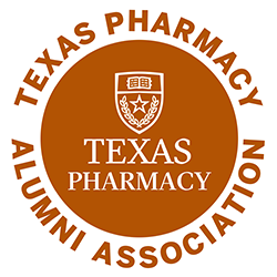 Circular logo with Texas Pharmacy in the center and Texas Pharmacy Alumni Association outside