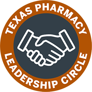 Texas Pharmacy Leadership Circle logo with burnt orange outer circle and charcoal inner circle with outline of a handshake