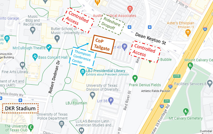 Map of UT CoP homecoming tailgate location with reference labes for DKR Stadium, Thompson Conference Center, Controlled Access, and Rideshare dropoff