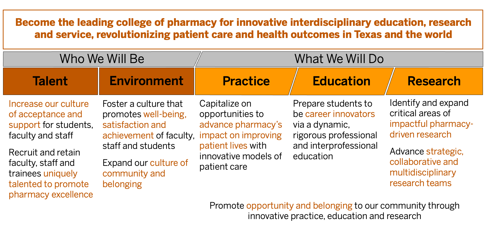 Graphical summary of Pharmacy Strategic plan - see Text Based Image Description page for full text description