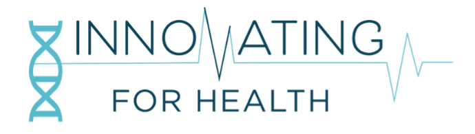 Innovating For Health Logo with double helix image and EKG heartbeat image on opposite ends of a blue line
