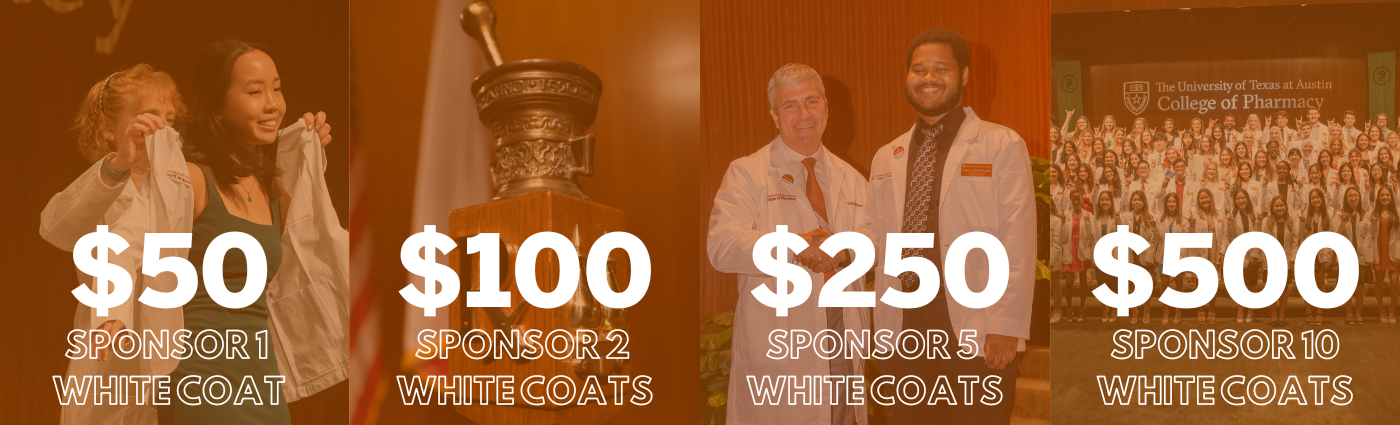 An orange and white text graphic that lists donorship levels for the Sponsor a White Coat Campaign. Gifts are $50 (1 coat), $100 (2 coats), $250 (5 coats), $500 (10 coats).