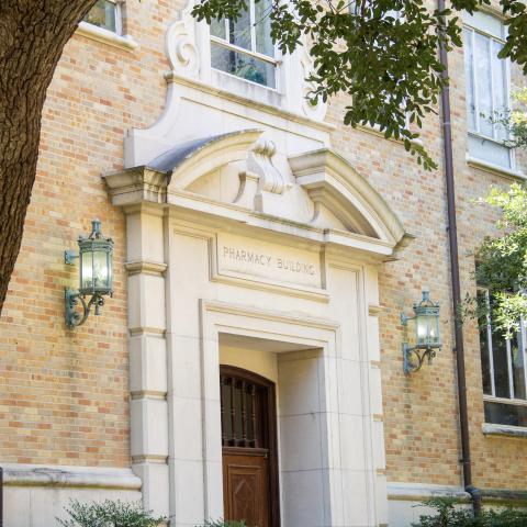 Side entrance to the Texas Pharmacy building on campus. 