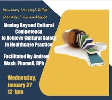 Photo of jar with books tumbling out next to text, "Moving beyond cultural competency to achieve cultural safety in healthcare practice, facilitated by Dr. Andrew Wash"
