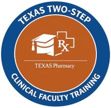 Texas Two-Step Clinical Faculty Training logo with Texas Pharmacy written in center with image of graduation hat and Rx symbol