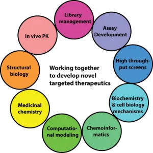 circular graphic with TTP expertise in working together to develop novel therapeutics (library management, assay development, high throughput screens, biochem & cell biology mechanisms, chemoinformatics, computational modeling, medicinal chemistry, structural biology, in vivo pk)