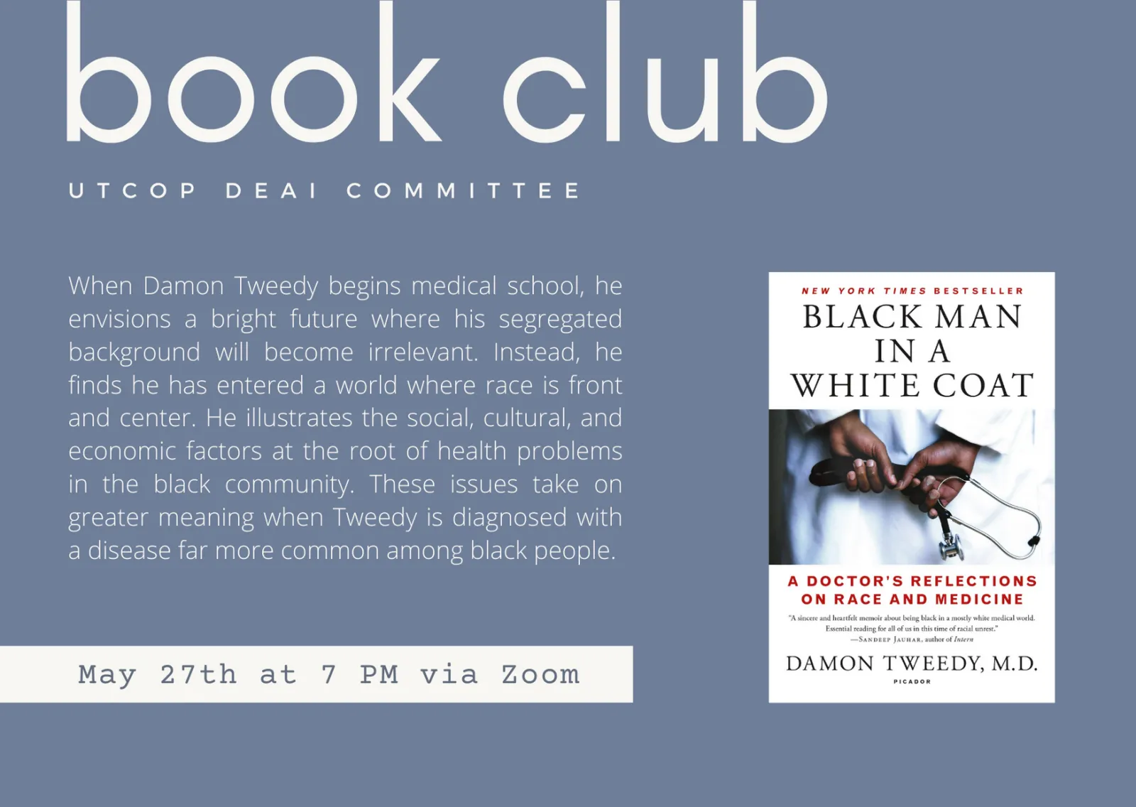 Flyer for book club meeting showing book cover, date, and time