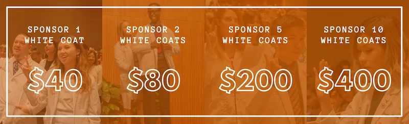 White Coat sponsorship levels ($40 for 1 coat, $80 for 2 coats, $200 for 5 coats, $400 for 10 coats)