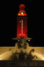 UT tower and fountain at night