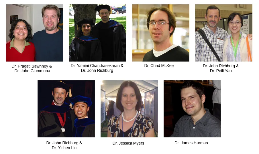 Collage of Ph.D. alumni from Richburg lab - Pragati Sawhney, John Giammona, Yamini Chandrasekaran, Chad McKee, Peili Yao, Yichen Lin, Jessica Myers, James Harman