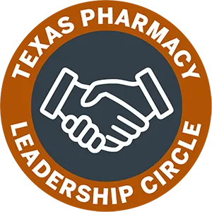 Texas Pharmacy Leadership Circle logo with burnt orange outer circle and charcoal inner circle with outline of a handshake