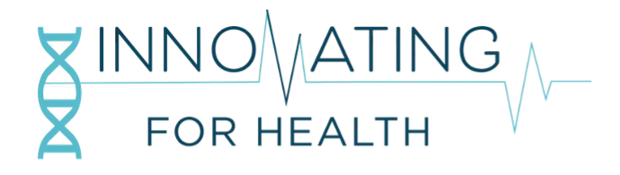 Innovating For Health Logo with double helix image and EKG heartbeat image on opposite ends of a blue line