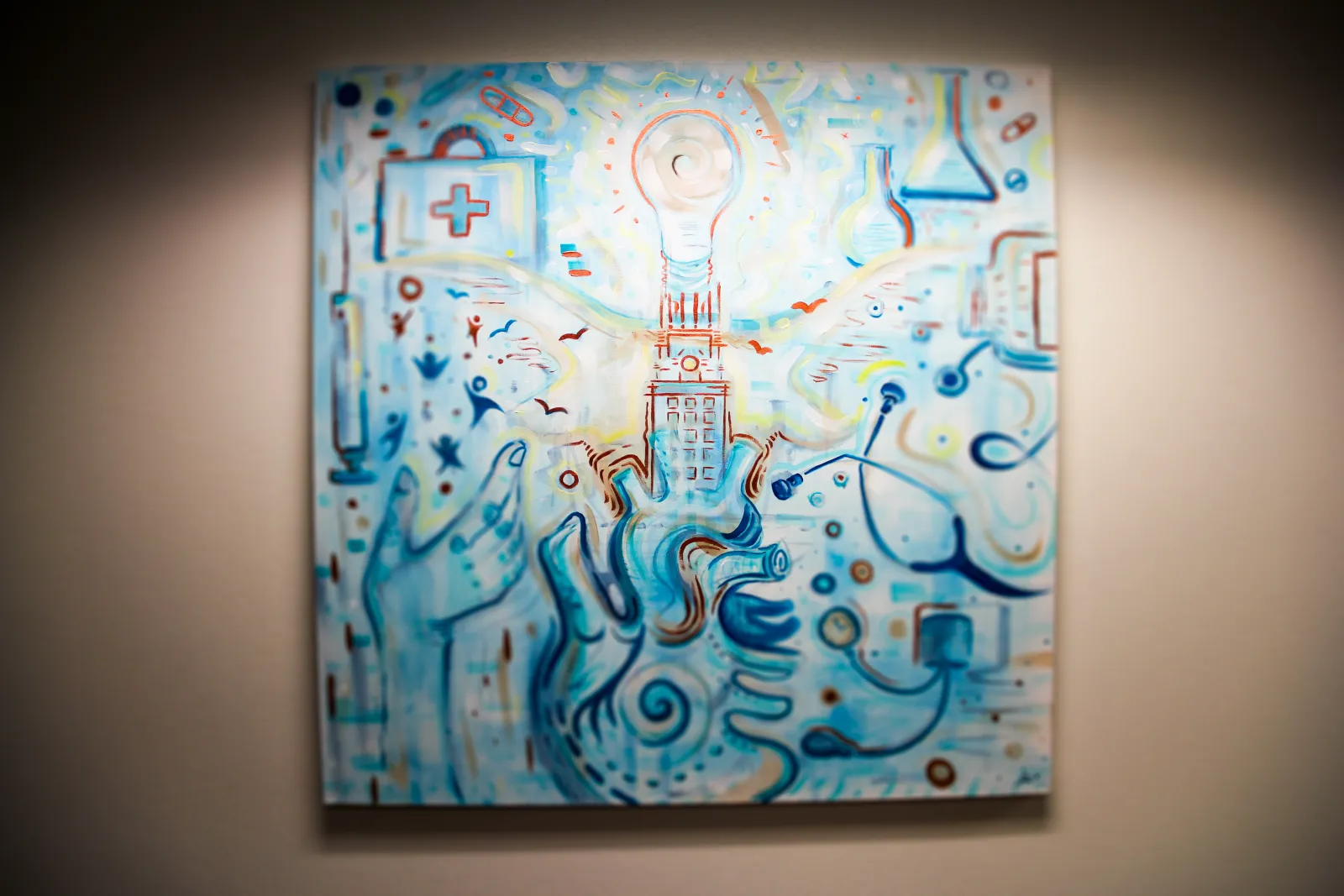 Final piece by Pierce Cedillo - a painting exploring the intersection of arts, healthcare and UT Austin.