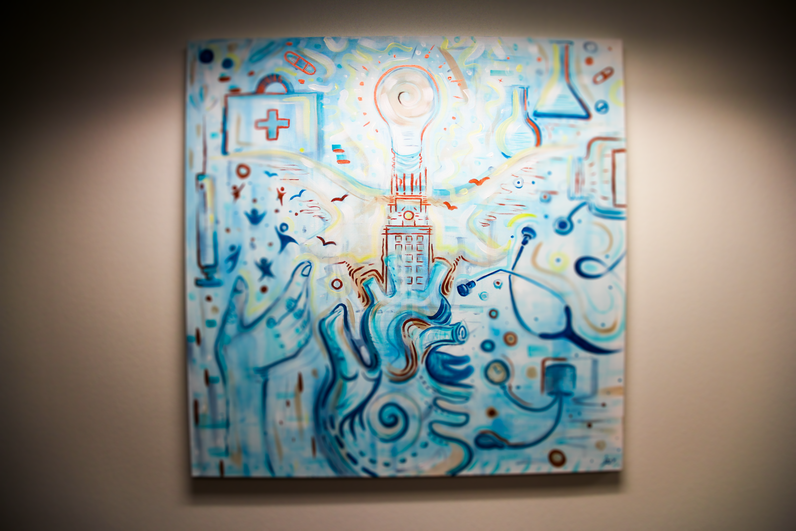 Final piece by Pierce Cedillo - a painting exploring the intersection of arts, healthcare and UT Austin.