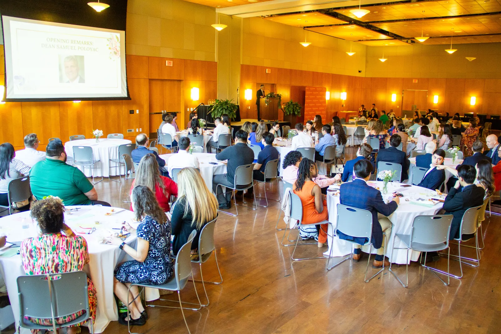 Dean Sam Poloyac addressing a full room at the Texas Union during the 2025 Celebration of Excellence.