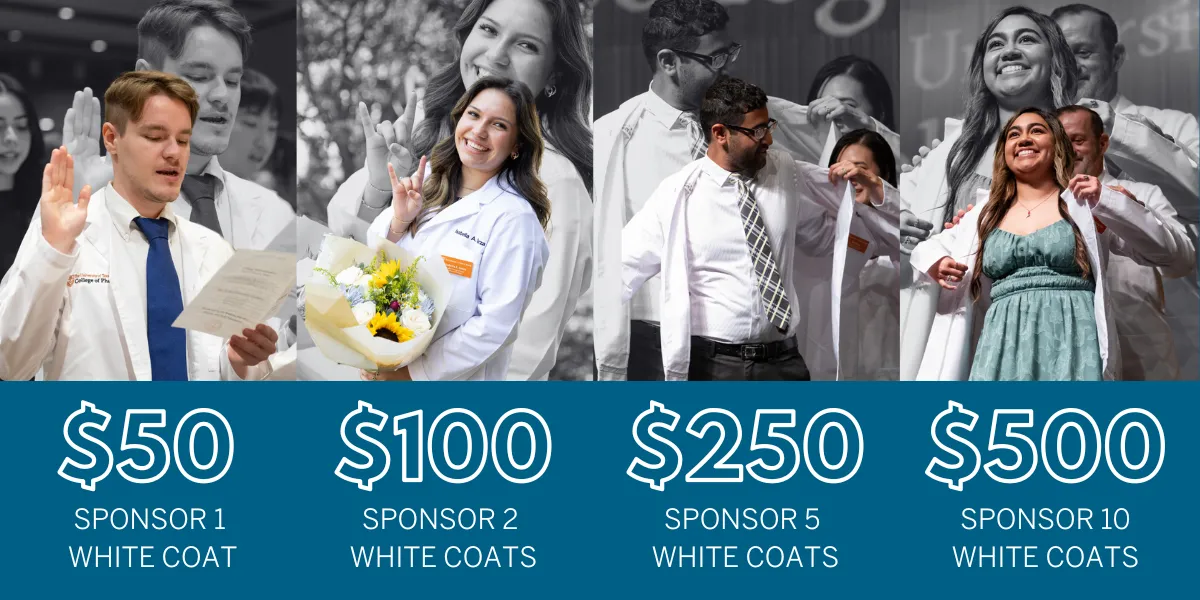 A image and text graphic featuring photos of P1 students receiving their white coats with text that outlines the sponsorship levels for the donation campaign. Each white coat is $50 to sponsor.