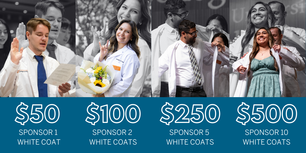 A image and text graphic featuring photos of P1 students receiving their white coats with text that outlines the sponsorship levels for the donation campaign. Each white coat is $50 to sponsor.