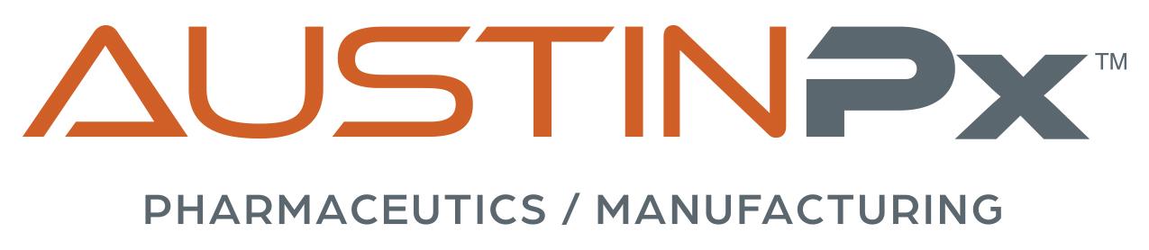AustinPx logo with AustinPx written in orange and grey along with "pharmaceutics / manufacturing" beneath.
