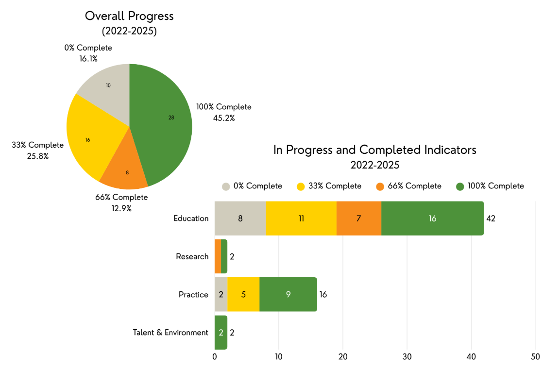 Text based image description page linked from this page. Infographic with Overall Progress and 'In Progress and Completed Indicators' for 2022-2025