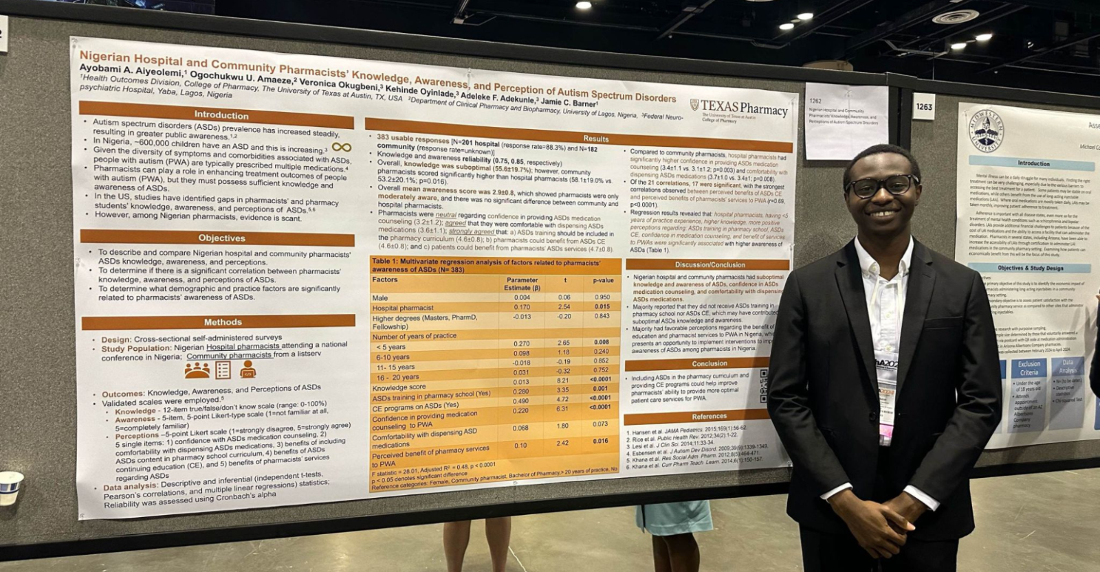 Graduate student Ayobami standing in front of his research poster at a conference,