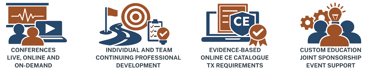 Conferences live, online, and on-demand (image of people, laptop, and chart); individual and team continuing professional development (image of road, flag, target, and clipboard); evidence-based online CE catalogue TX requirements (laptop with CE and checkmark); custom education, joint sponsorship, event support (people with light bulb and turning gears)