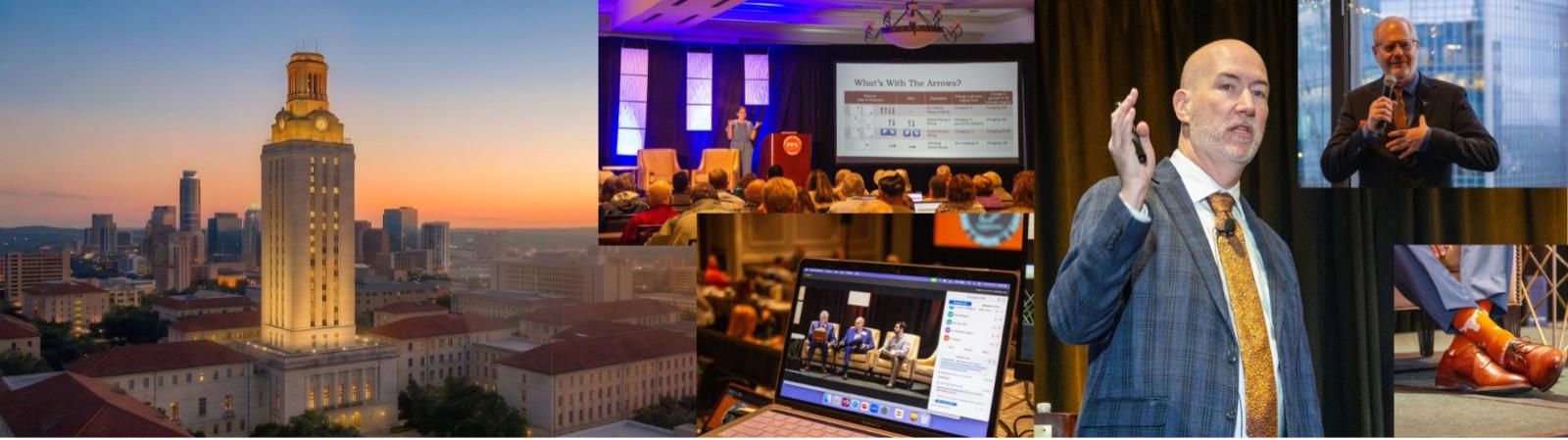 Photo collage of UT tower, CPD presentation, laptop, Terry Weaver presenting, Glen Baumgart presenting, and Burnt orange cowboy boots