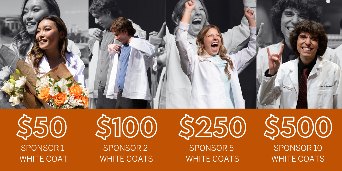 Group of students celebrating while putting on pharmacy/medical white coats. Each is associated with different sponsorship amounts: $50 for one coat, $100 for two coats, $250 for five coats, and $500 for ten coats, supporting a white coat initiative.