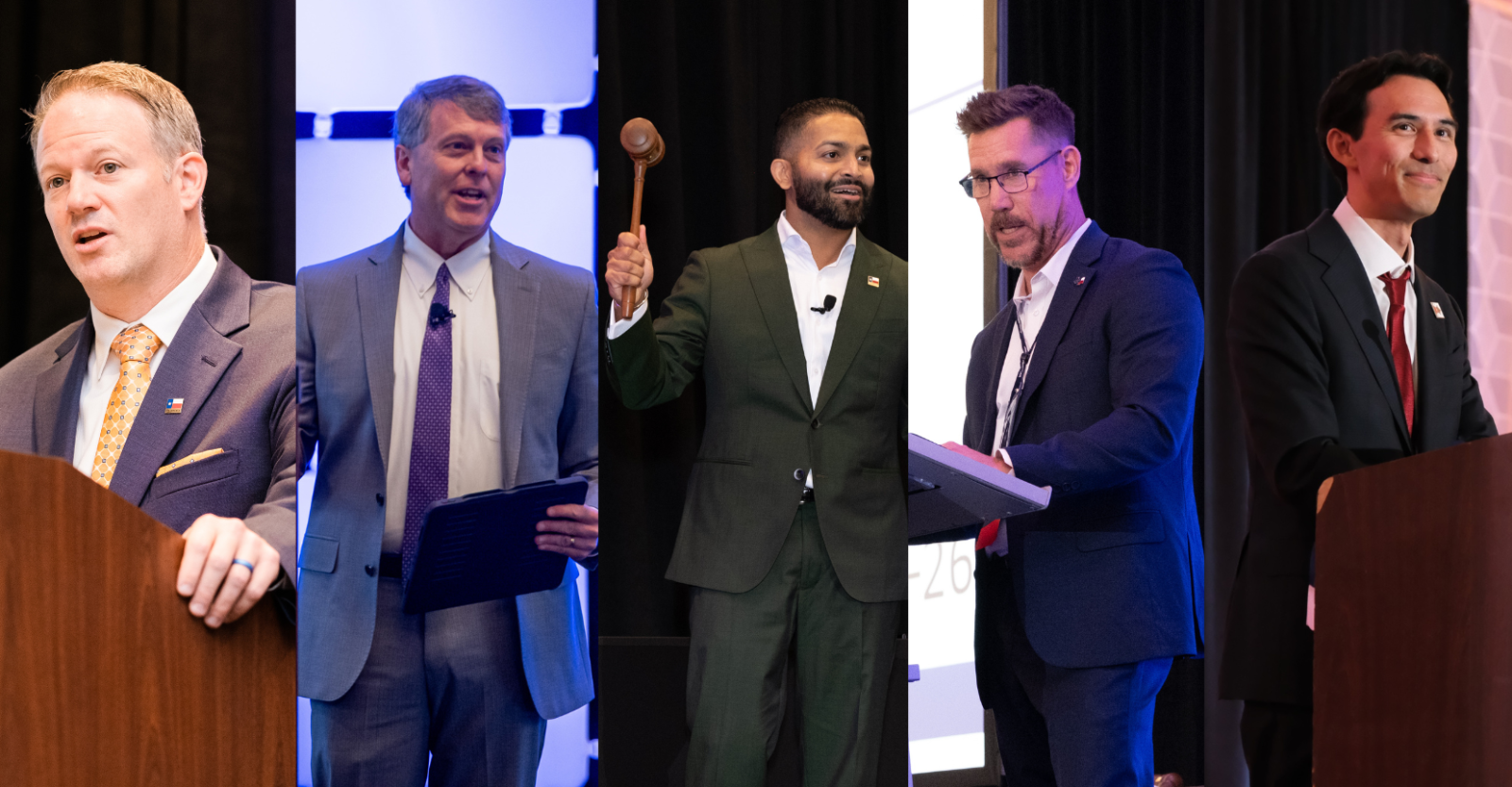 A collage of five men, all wearing business suits, speaking on stage during various Texas Pharmacy Association Presidential Inauguration ceremonies.