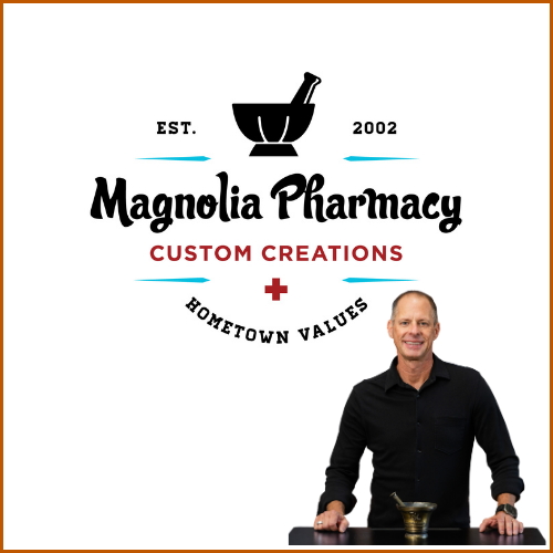 The Magnolia Pharmacy logo with a pestle and mortar and a cutout photo of a man wearing a black shirt.