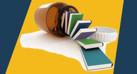 Books tumbling out of a jar.
