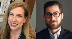 A woman smiling and a man wearing glasses.