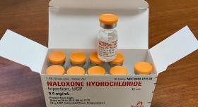 A box of naloxone vials.