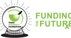 A green, white and black text logo for the Texas Pharmacy Foundation. It reads: "Texas Pharmacy Foundation. Funding The Future"