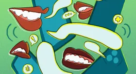Floating mouths with empty speech bubbles, with various texting and health symbols surrounding them.