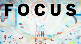 A lightbulb emerging out of the top of the UT Austin tower with the word "FOCUS" superimposed over the image.