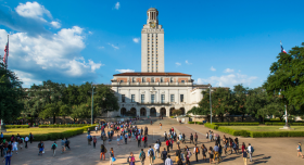 A landscape image of UT Austin's iconic Tower, and a busy quad filled with students.
